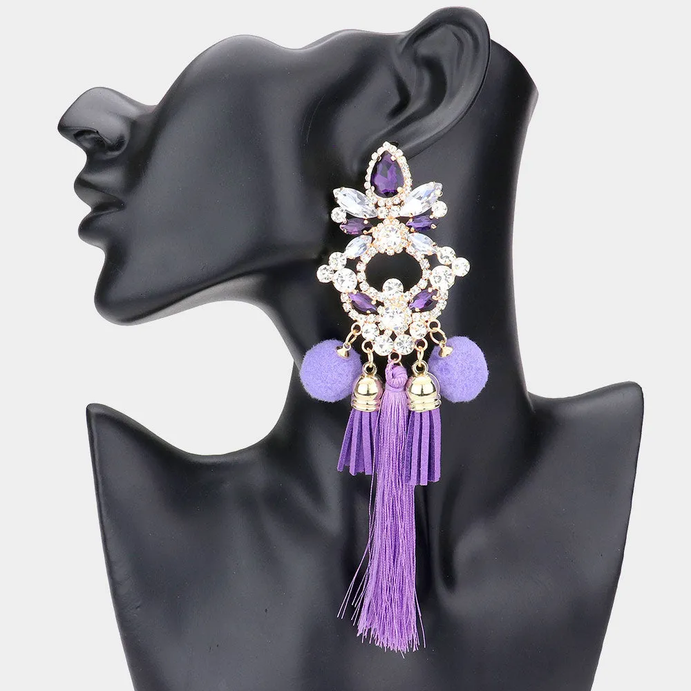 Long Fun Fashion Earrings with Purple Pom Pom and Tassel | Runway Earrings | 543467