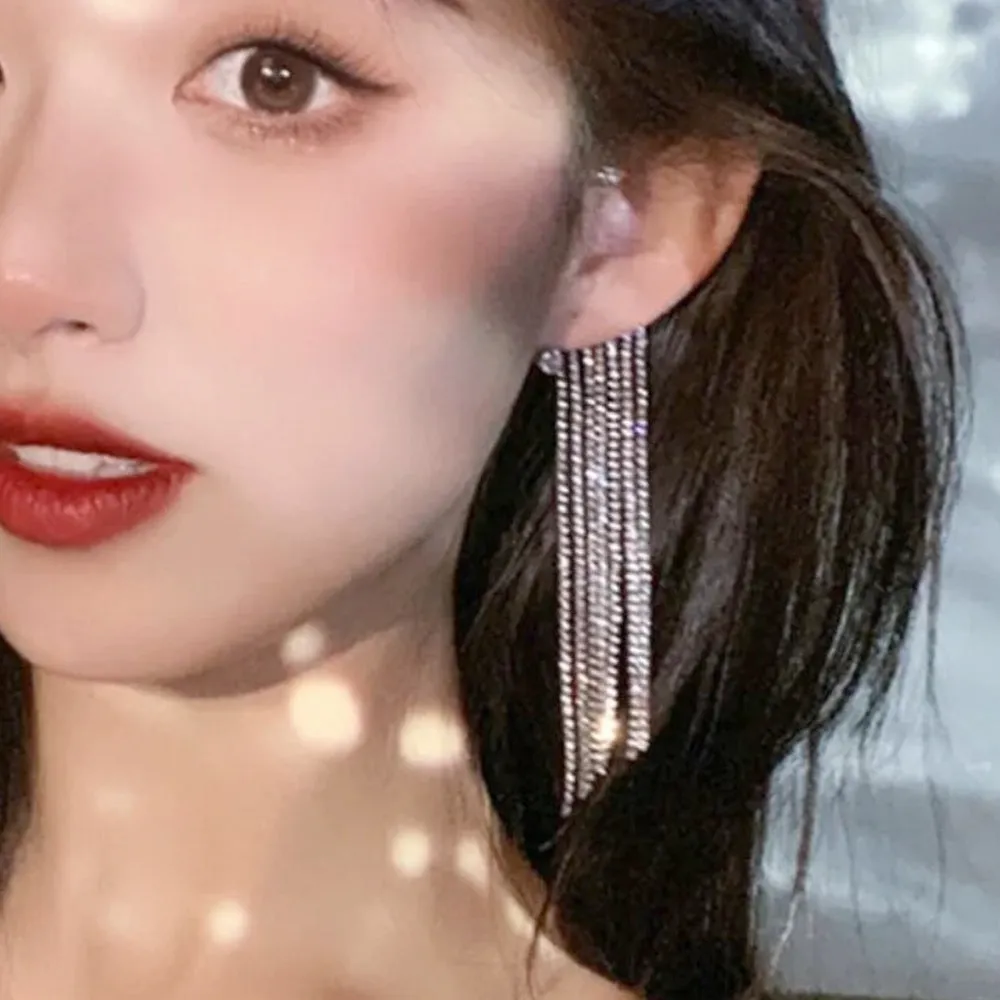 Long Tassel Crystal Chain Ear Cuff Clip Earrings