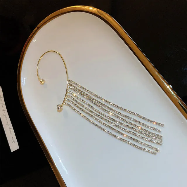 Long Tassel Crystal Chain Ear Cuff Clip Earrings