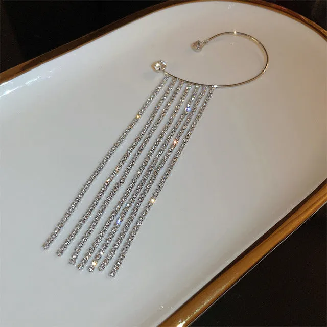 Long Tassel Crystal Chain Ear Cuff Clip Earrings