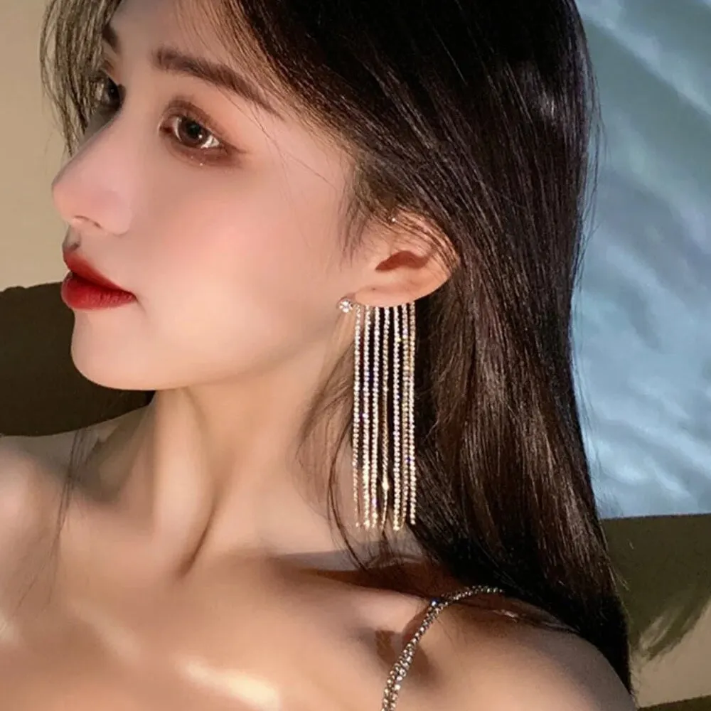 Long Tassel Crystal Chain Ear Cuff Clip Earrings