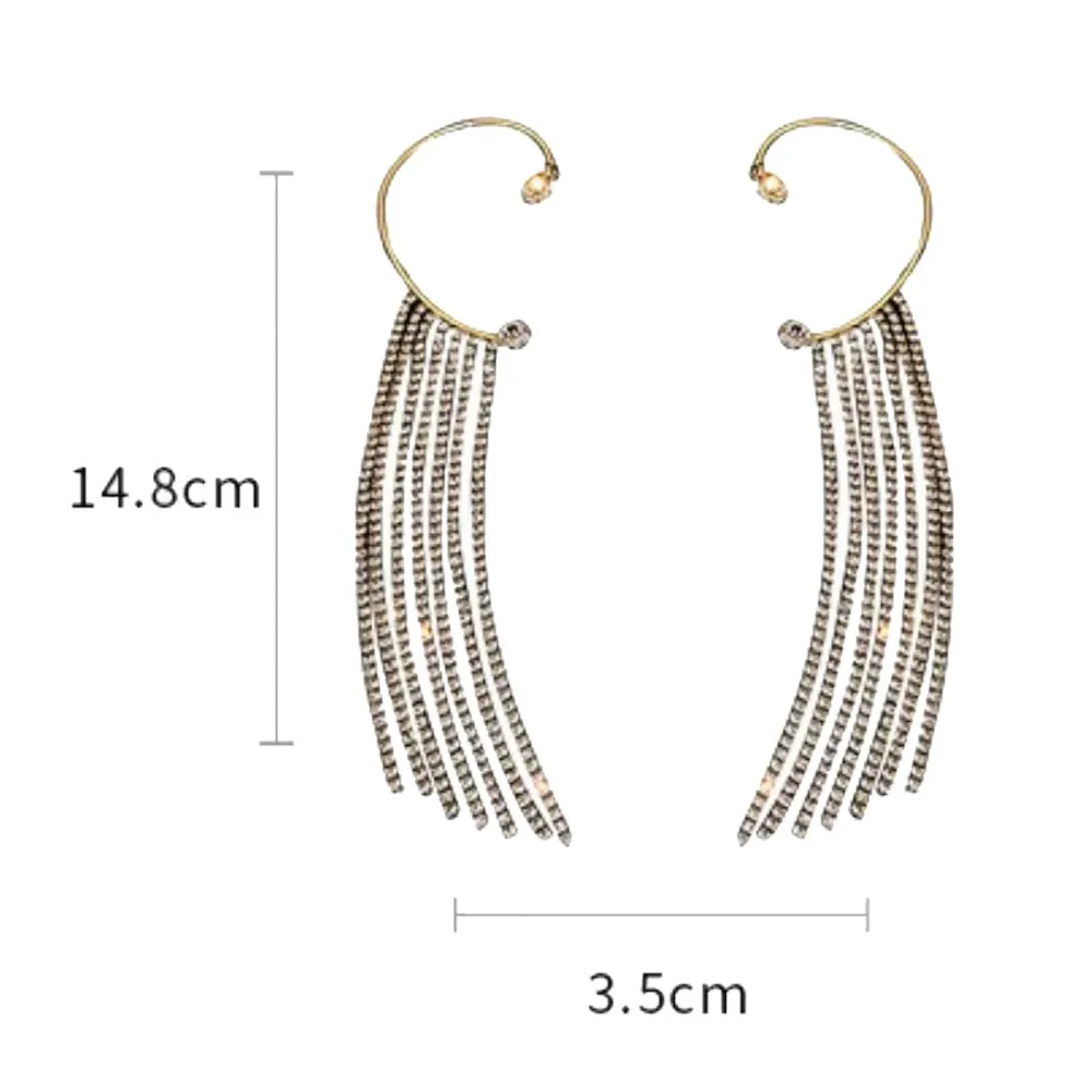 Long Tassel Crystal Chain Ear Cuff Clip Earrings