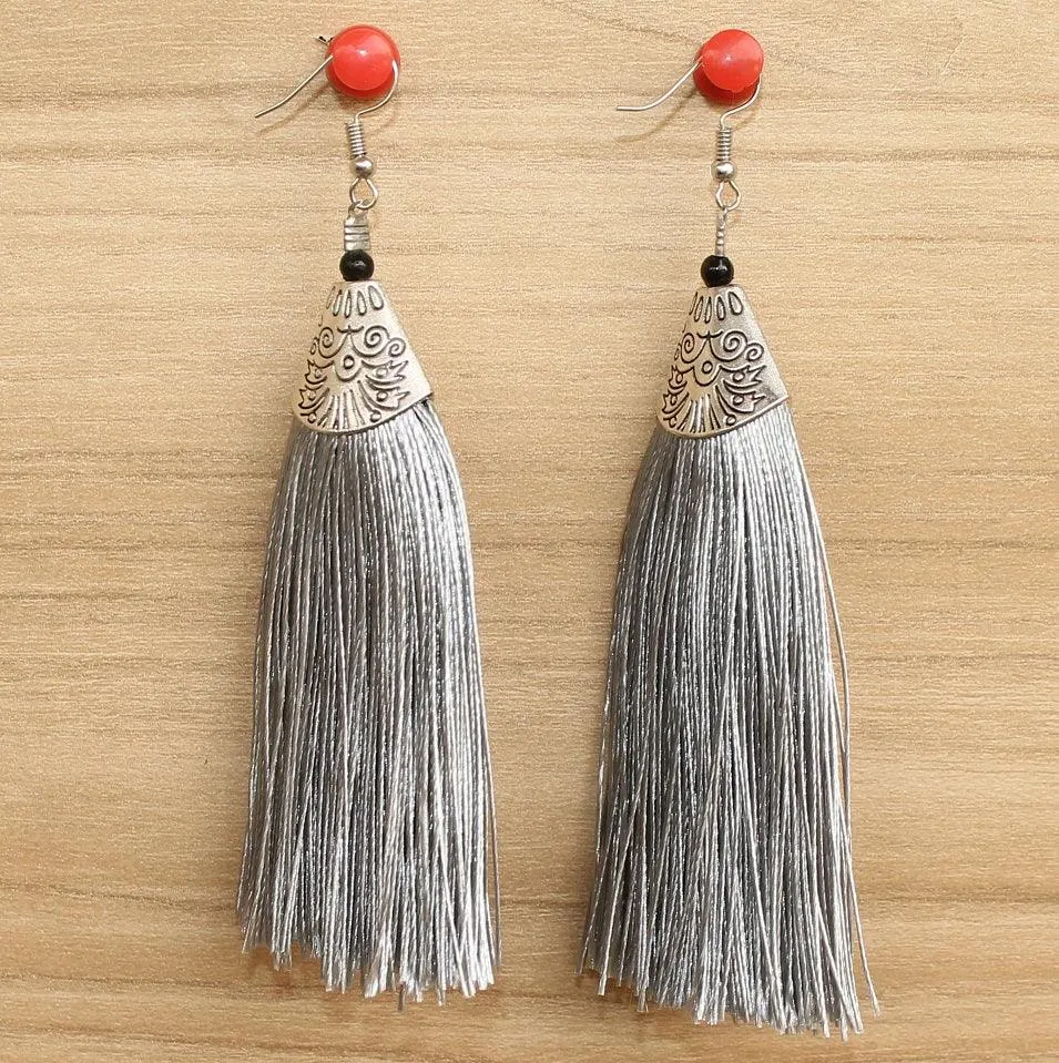 Long Tassel Earrings Grey