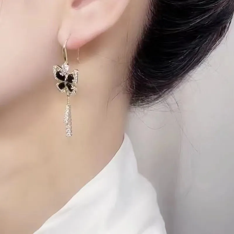 lusailstore-Crystal Butterfly Tassel Earrings