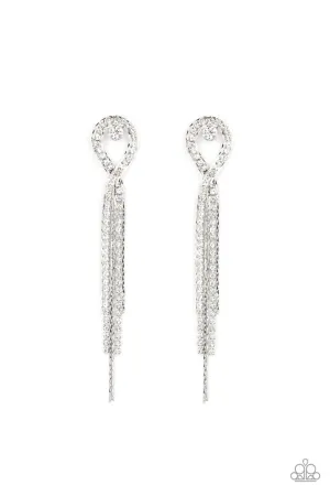 Luxury Lasso - White - Rhinestone Tassel Paparazzi Post Earrings
