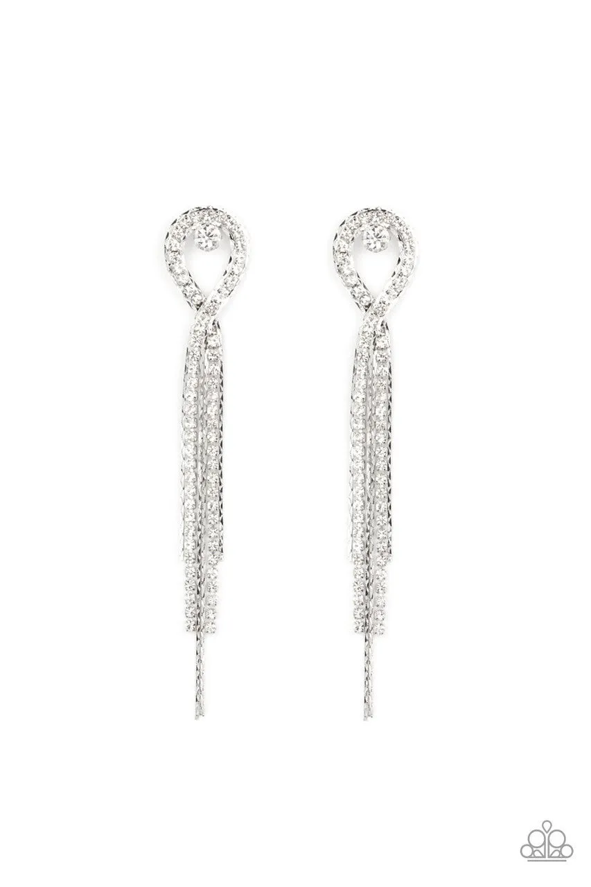 Luxury Lasso - White - Rhinestone Tassel Paparazzi Post Earrings