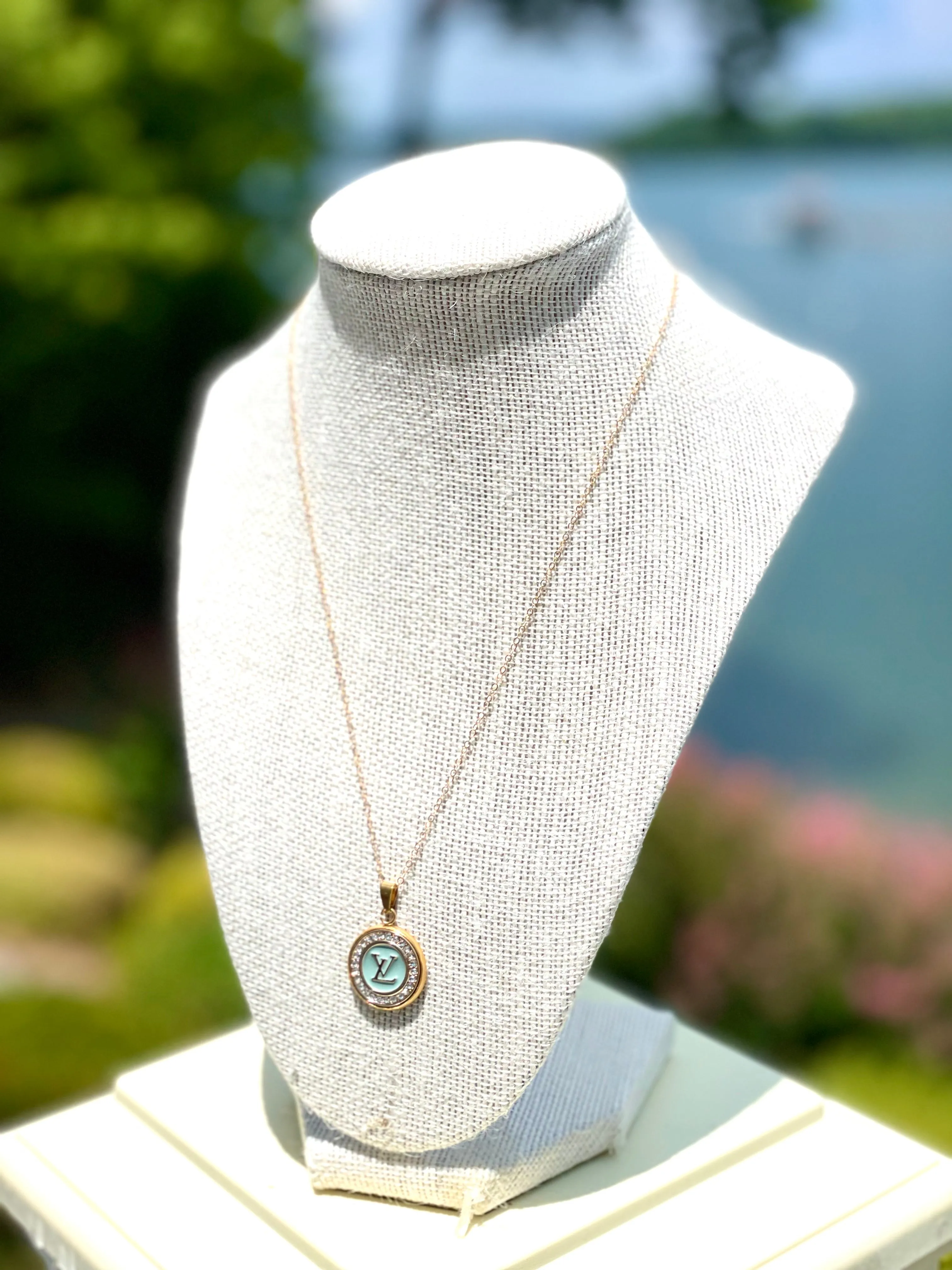 LV Swarovski Halo Pendant Necklace- BLUE