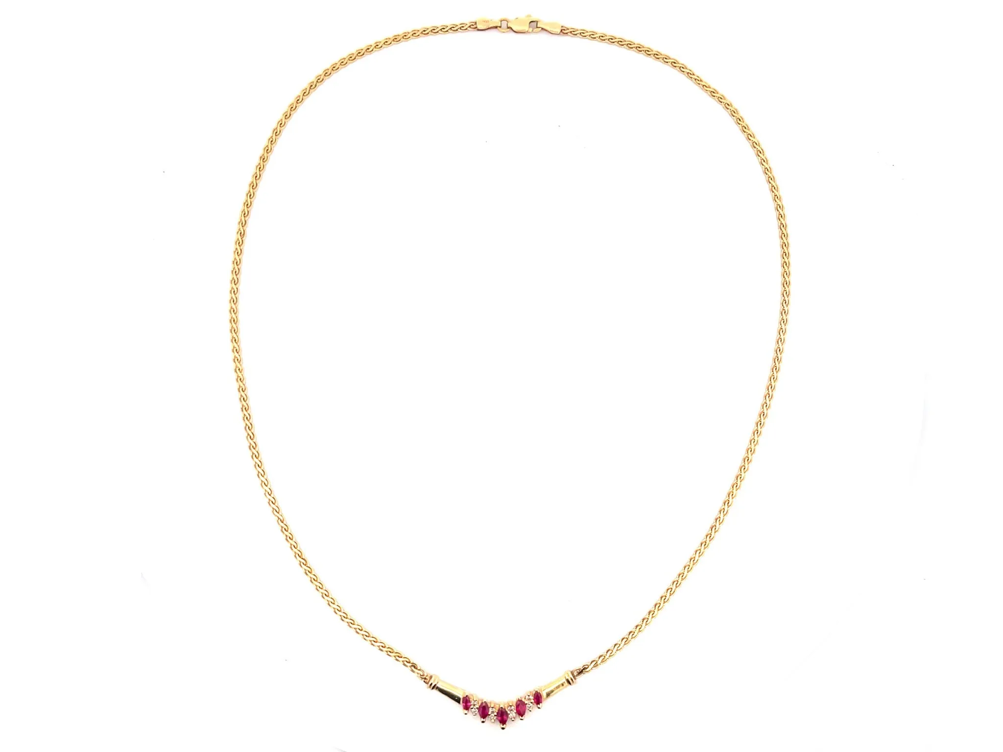 Marquise Ruby and Round Brilliant Diamond Necklace in 14k Yellow Gold