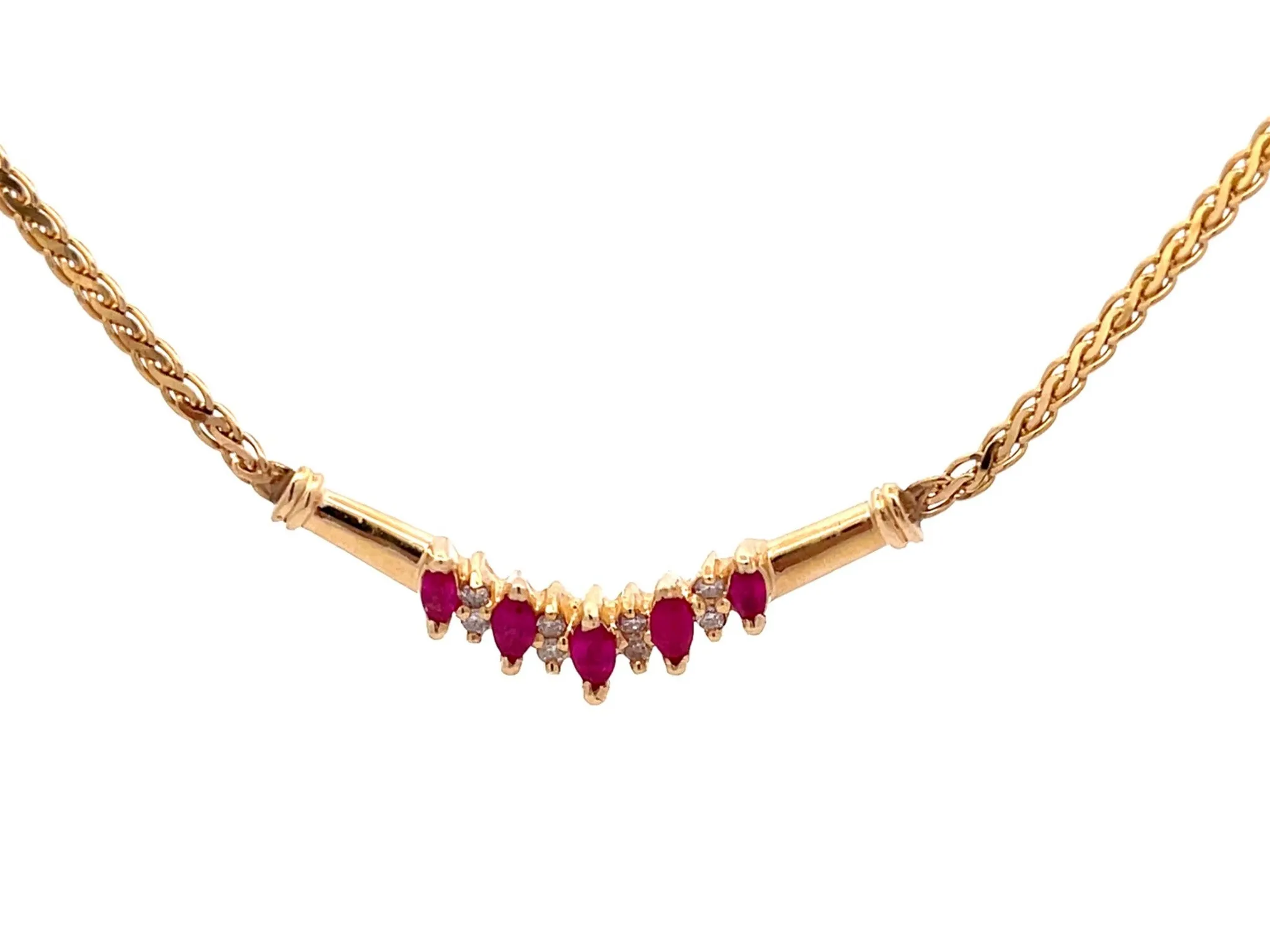 Marquise Ruby and Round Brilliant Diamond Necklace in 14k Yellow Gold