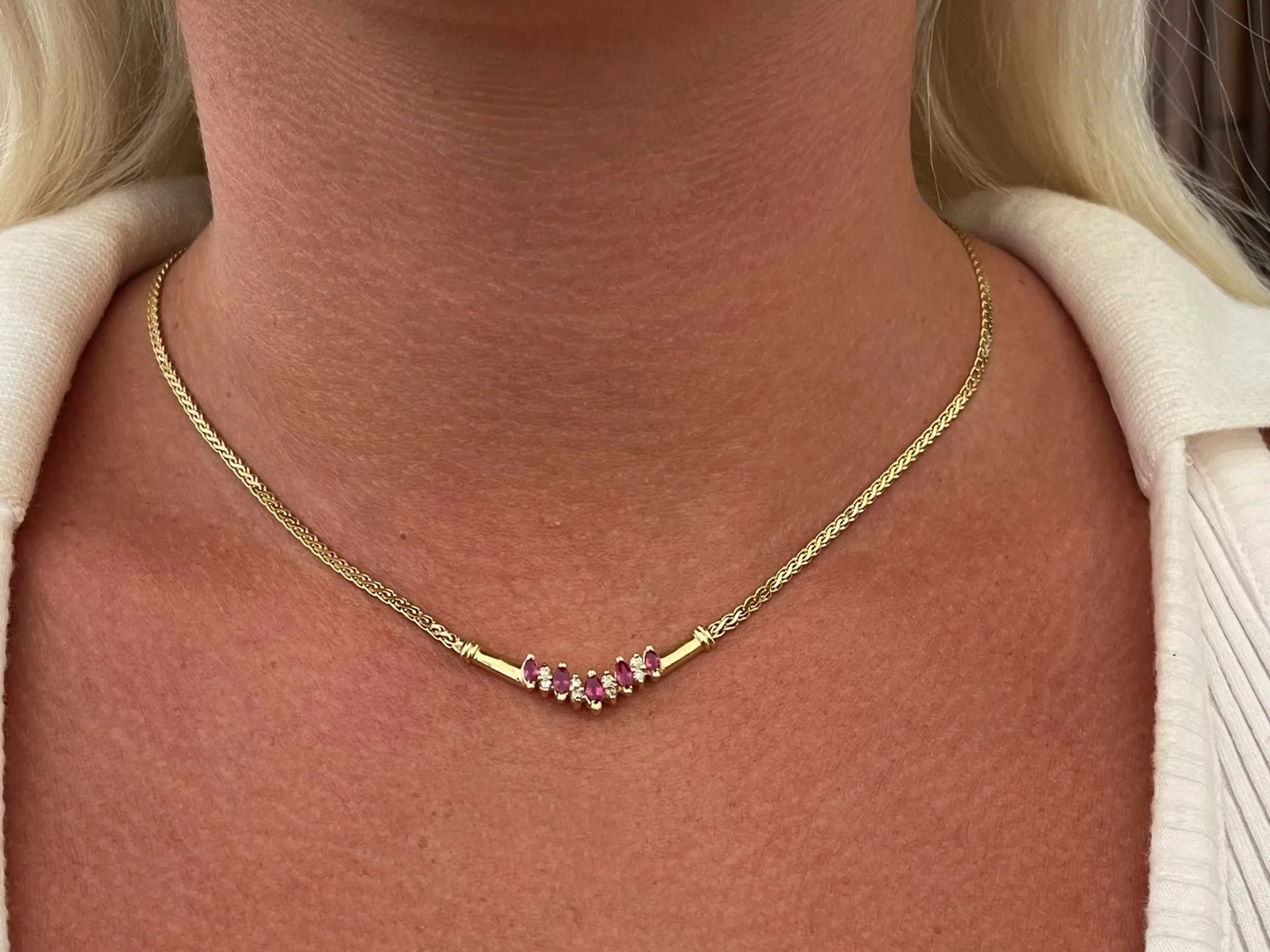 Marquise Ruby and Round Brilliant Diamond Necklace in 14k Yellow Gold