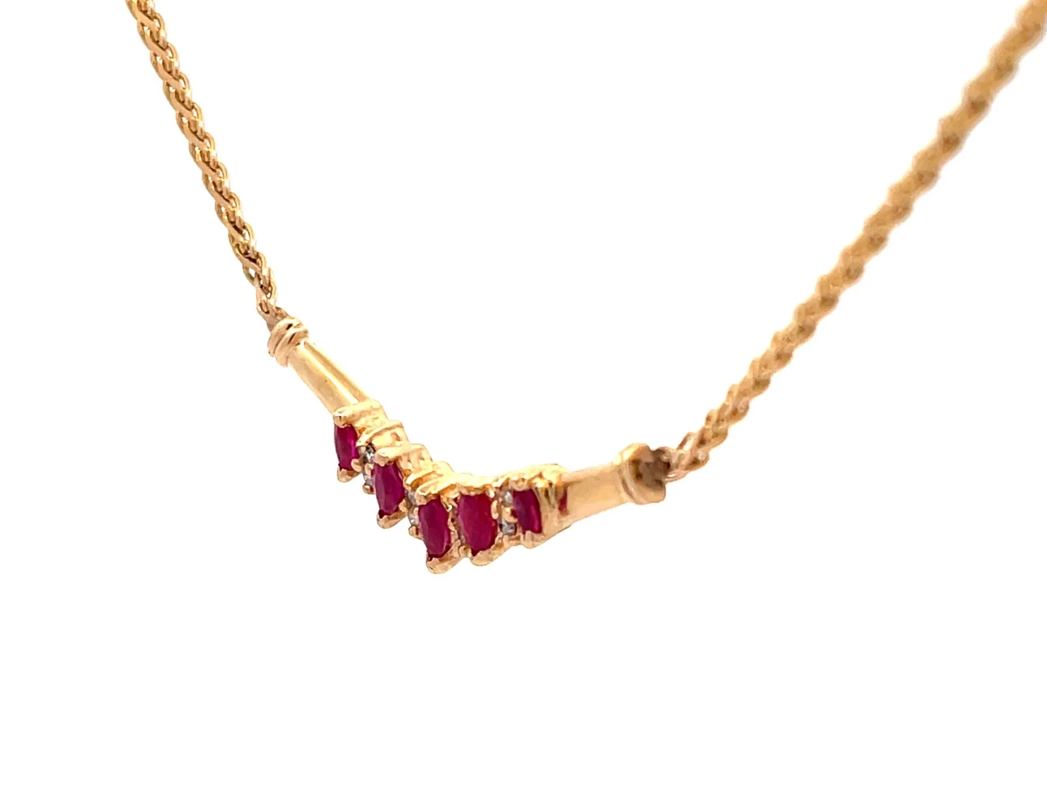 Marquise Ruby and Round Brilliant Diamond Necklace in 14k Yellow Gold