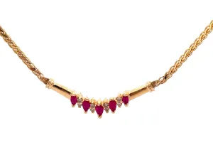 Marquise Ruby and Round Brilliant Diamond Necklace in 14k Yellow Gold