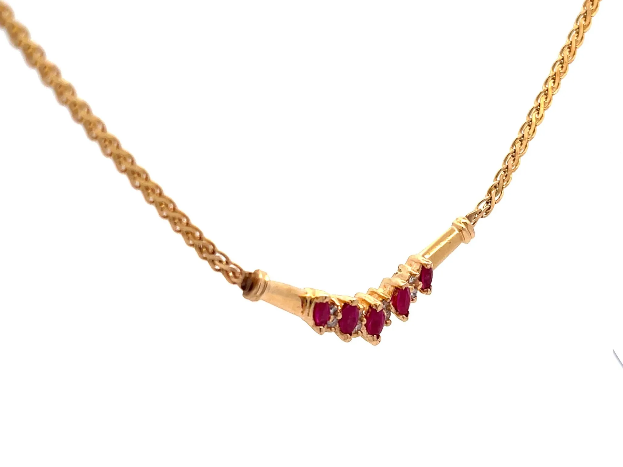 Marquise Ruby and Round Brilliant Diamond Necklace in 14k Yellow Gold