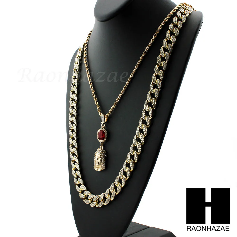 MENS LAB DIAMOND GOLD CUBAN CHAIN RED RUBY JESUS COMBO 2 NECKLACES SET1