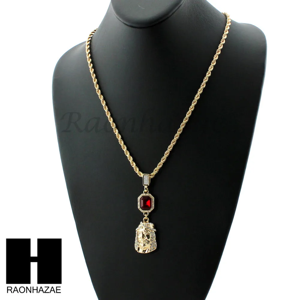 MENS LAB DIAMOND GOLD CUBAN CHAIN RED RUBY JESUS COMBO 2 NECKLACES SET1