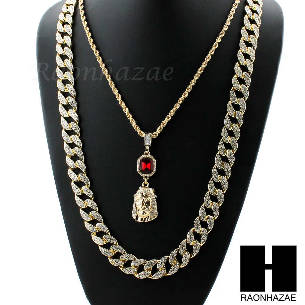 MENS LAB DIAMOND GOLD CUBAN CHAIN RED RUBY JESUS COMBO 2 NECKLACES SET1