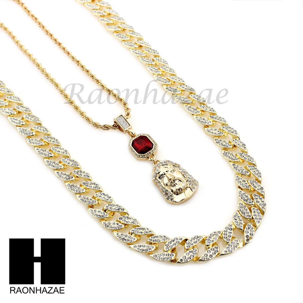 MENS LAB DIAMOND GOLD CUBAN CHAIN RED RUBY JESUS COMBO 2 NECKLACES SET1