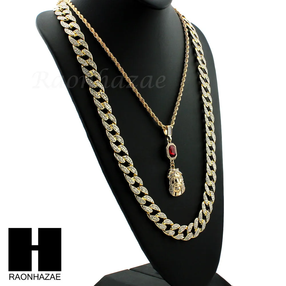 MENS LAB DIAMOND GOLD CUBAN CHAIN RED RUBY JESUS COMBO 2 NECKLACES SET1