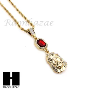 MENS LAB DIAMOND GOLD CUBAN CHAIN RED RUBY JESUS COMBO 2 NECKLACES SET1