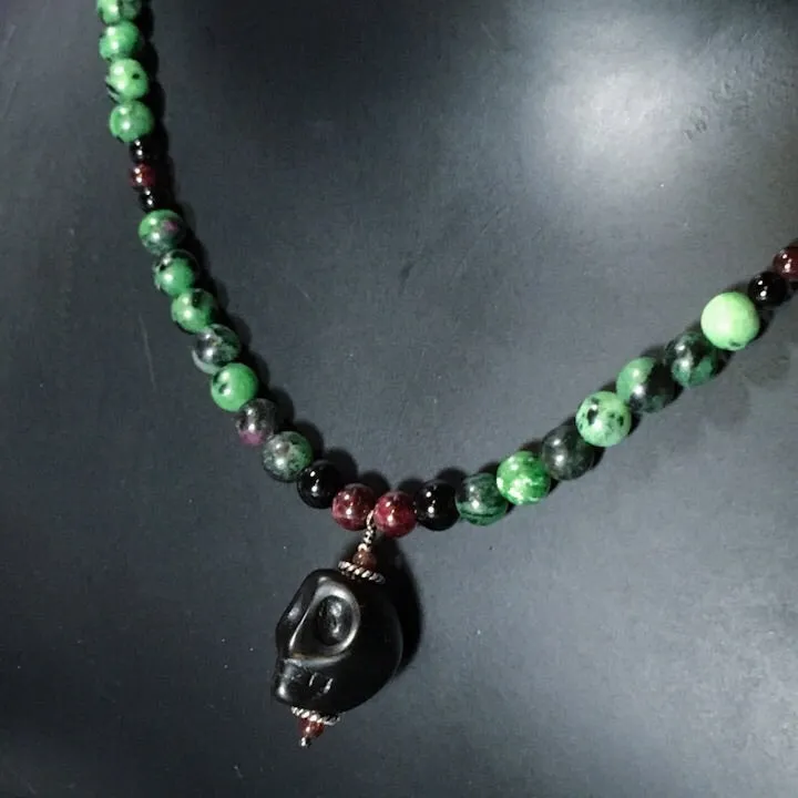 Men’s Ruby Zoisite, Garnet & Onyx Necklace with Howlite skull.
