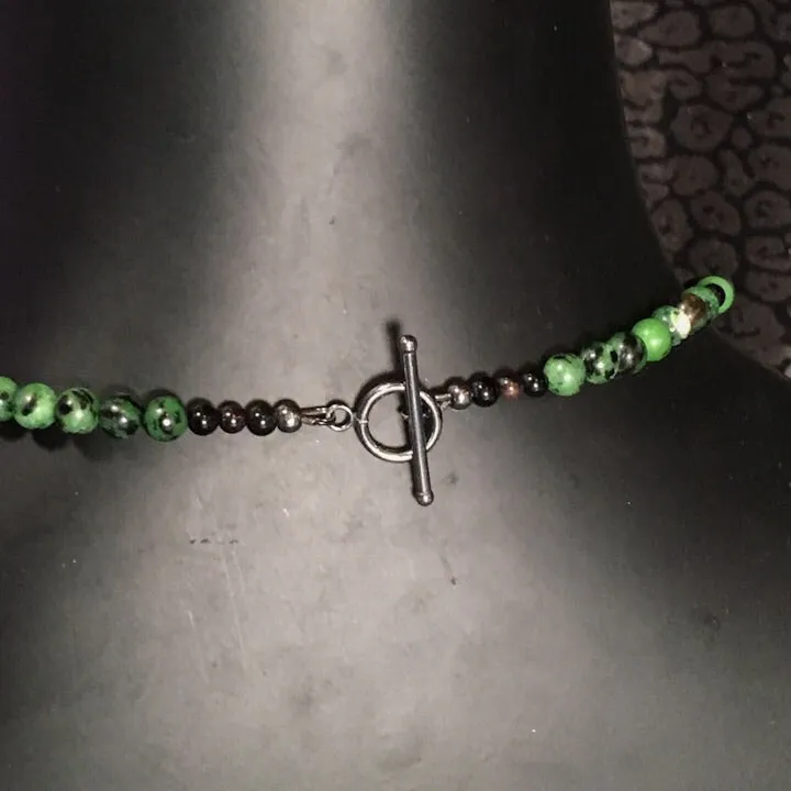 Men’s Ruby Zoisite, Garnet & Onyx Necklace with Howlite skull.