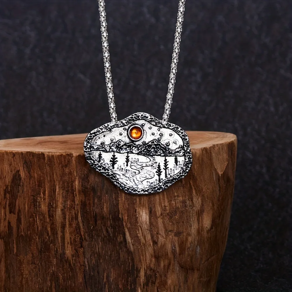 Men's Silver Boho Forest River Mountain Pendant Ruby Necklace