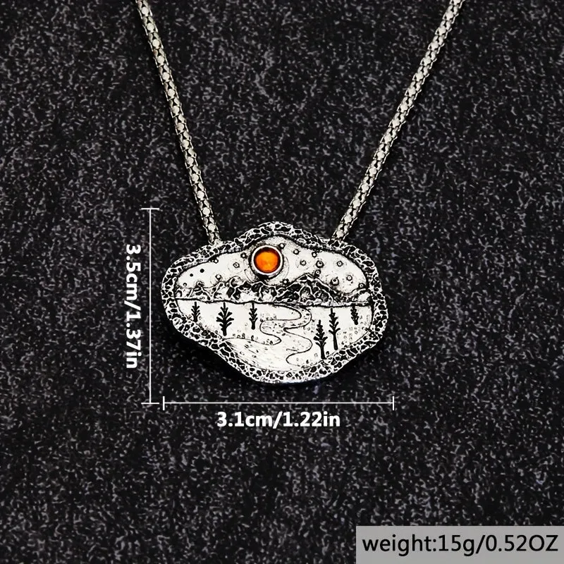 Men's Silver Boho Forest River Mountain Pendant Ruby Necklace