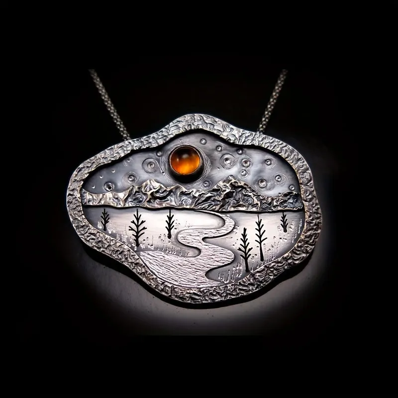 Men's Silver Boho Forest River Mountain Pendant Ruby Necklace