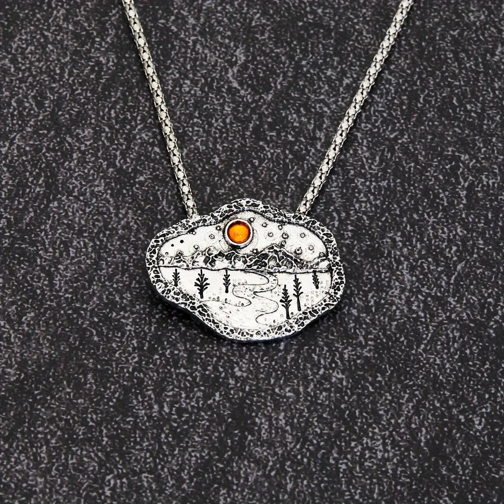 Men's Silver Boho Forest River Mountain Pendant Ruby Necklace