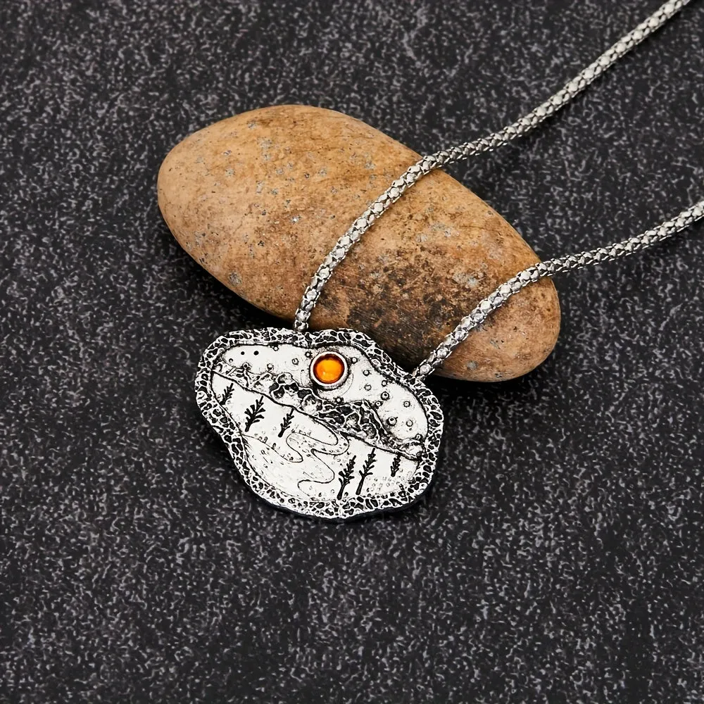Men's Silver Boho Forest River Mountain Pendant Ruby Necklace