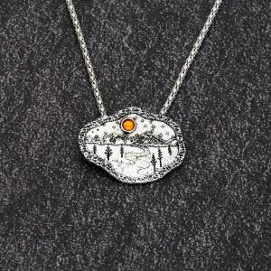 Men's Silver Boho Forest River Mountain Pendant Ruby Necklace
