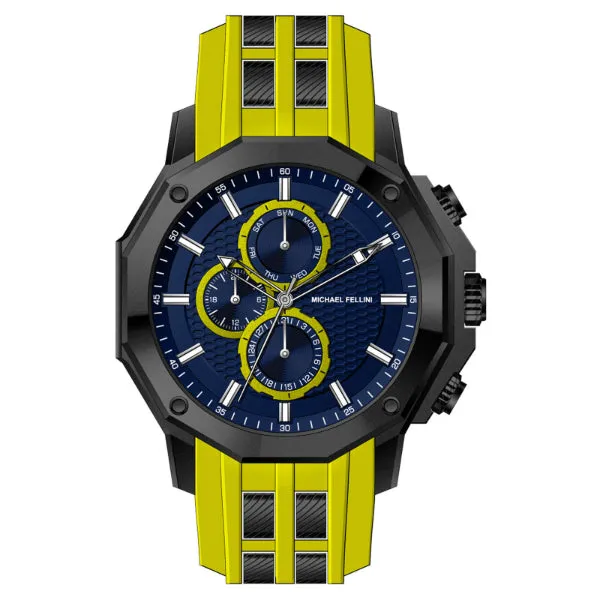 Michael Fellini Yellow Silicone Strap Blue Dial Chronograph Quartz Watch for Gents - MF-2346-04