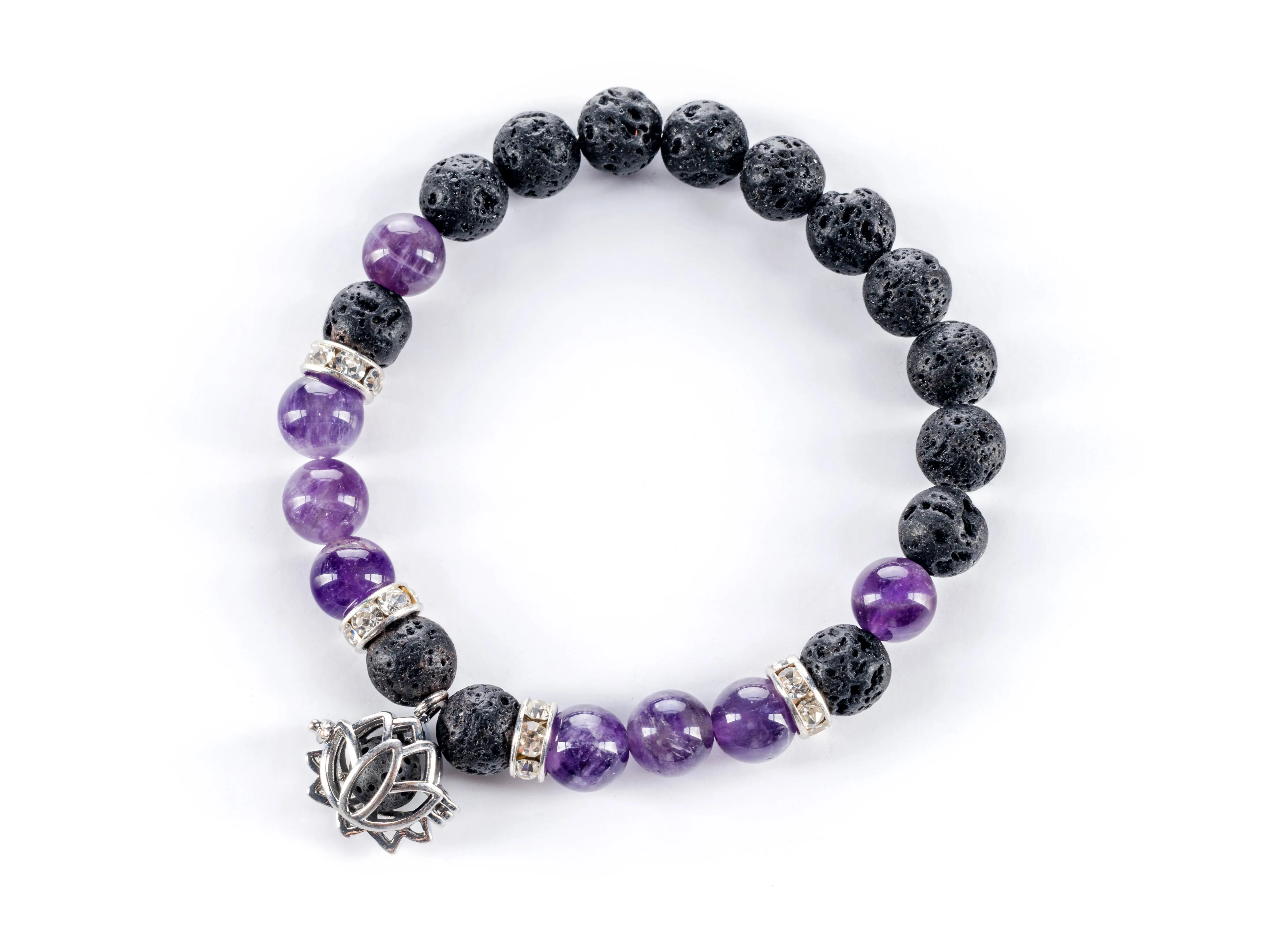 Mindfulness Gemstone bracelet with Amethyst, Lava rock and a Lotus Charm