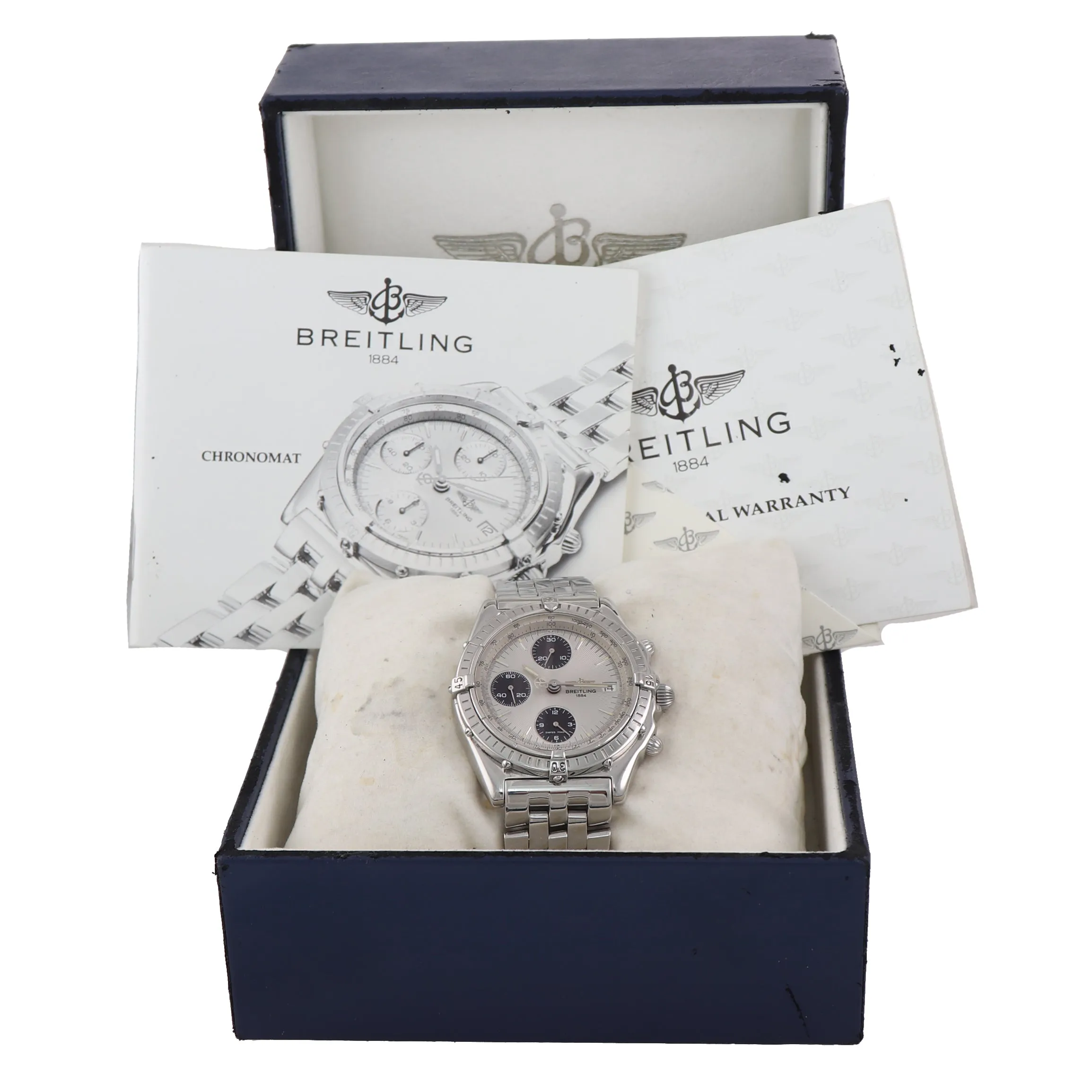 MINT PAPERS Breitling Chronomat 39mm Chronograph Silver Black Steel A13048 Watch