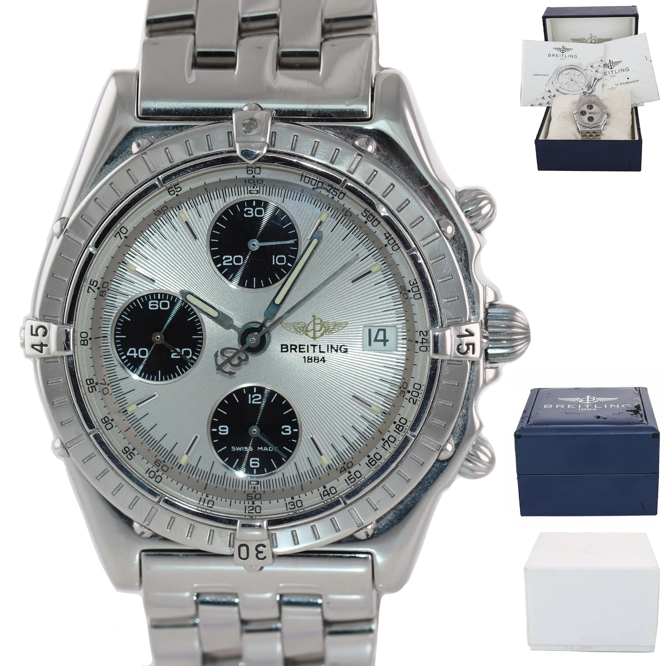 MINT PAPERS Breitling Chronomat 39mm Chronograph Silver Black Steel A13048 Watch