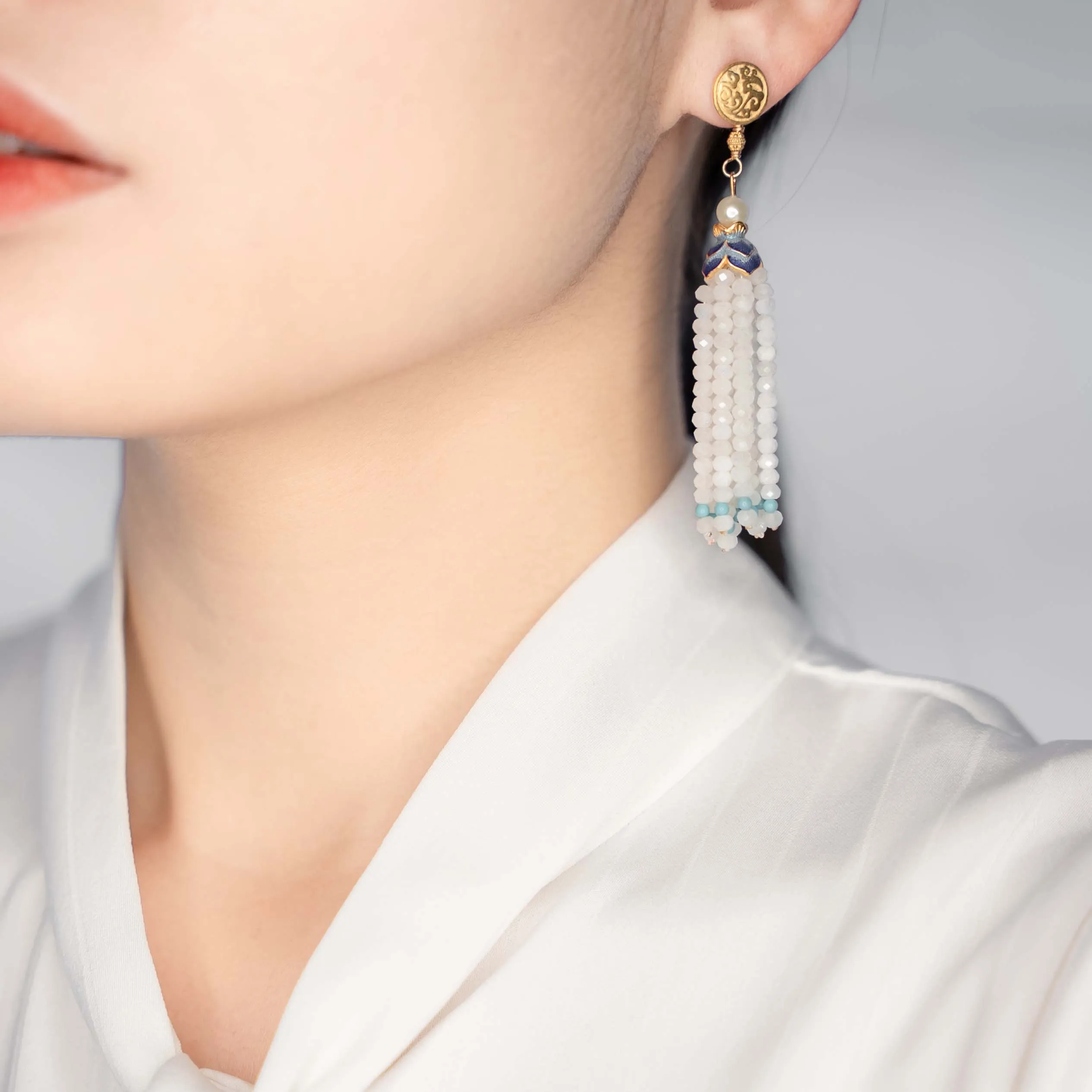 Moonstone Lotus Tassels Lariat Necklace and Earrings Set
