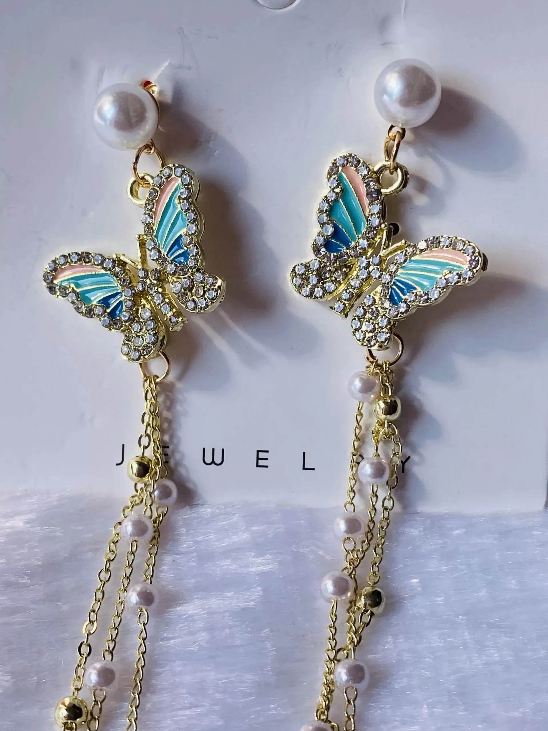 Multicolour butterfly tassel long earrings