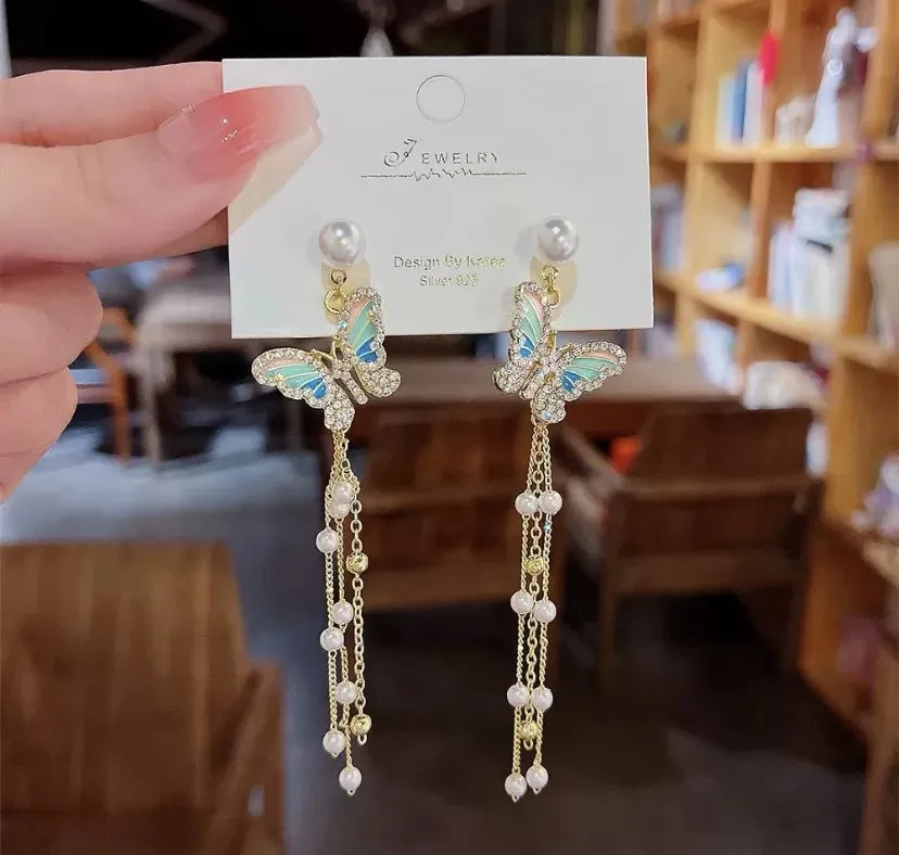 Multicolour butterfly tassel long earrings