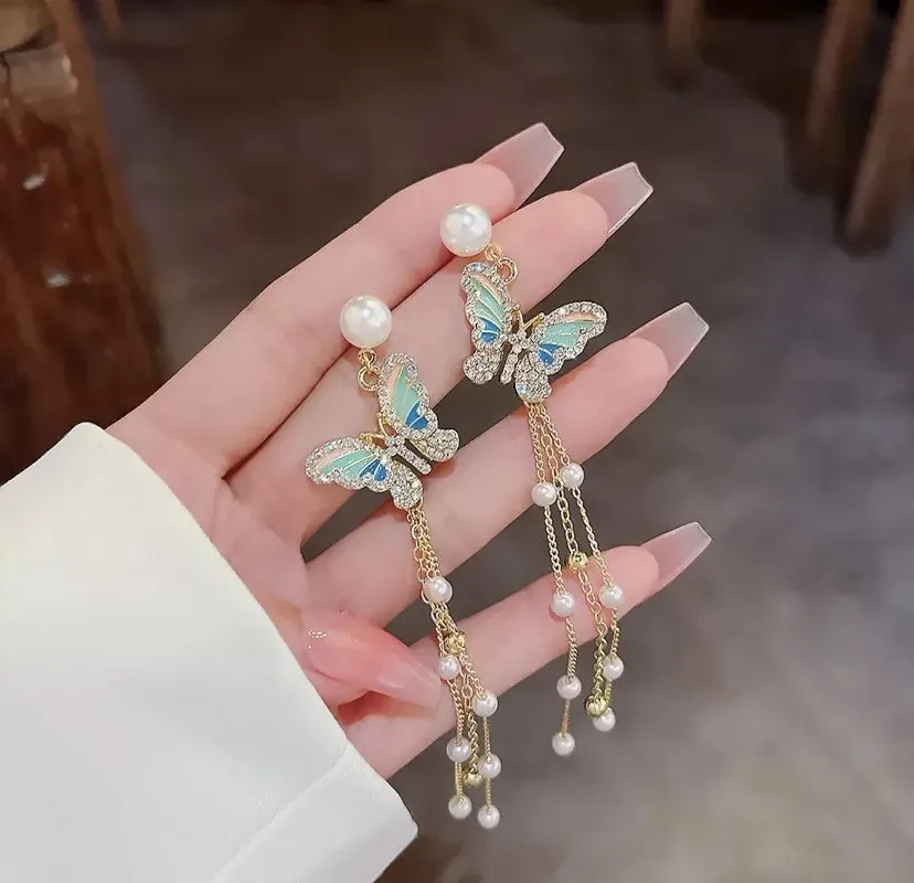Multicolour butterfly tassel long earrings
