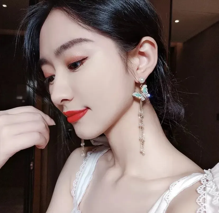 Multicolour butterfly tassel long earrings