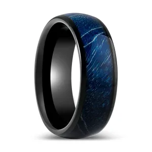 NASOS | Black Tungsten Ring, Azure Stabilized Wood Inlay, Domed