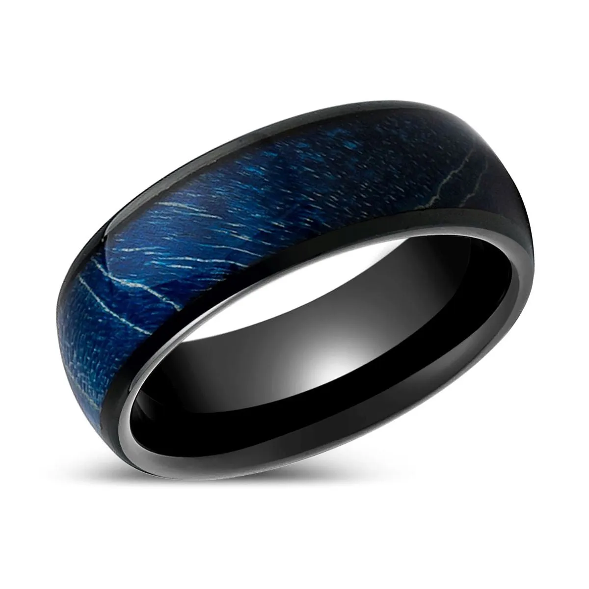 NASOS | Black Tungsten Ring, Azure Stabilized Wood Inlay, Domed