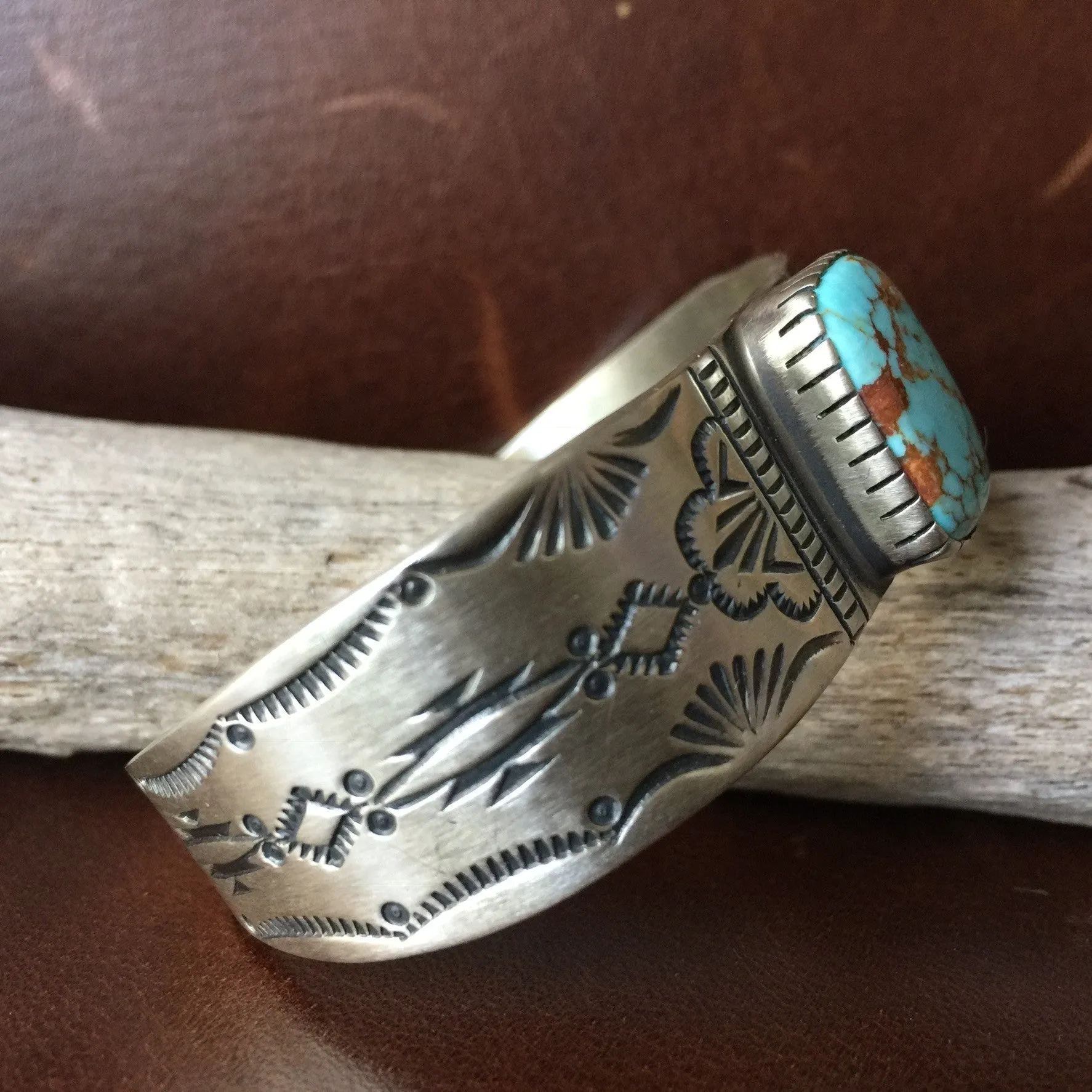 Natural #8 Turquoise Stamped Sterling Silver Bracelet Signed Lorenzo Juan