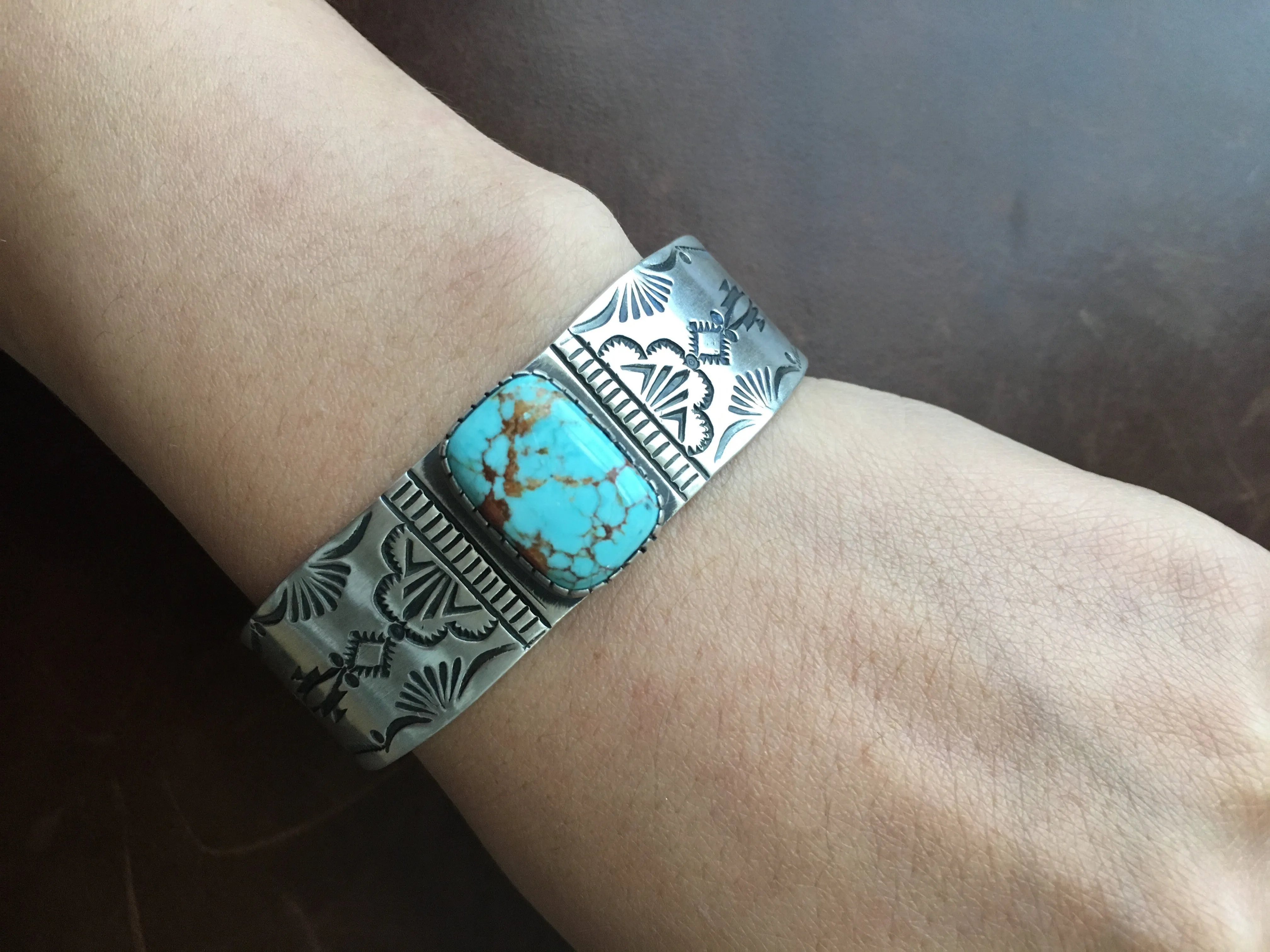Natural #8 Turquoise Stamped Sterling Silver Bracelet Signed Lorenzo Juan
