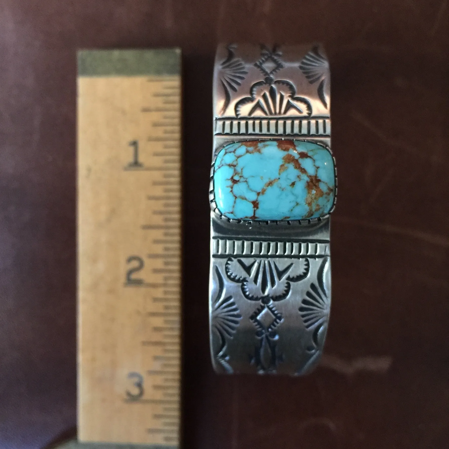 Natural #8 Turquoise Stamped Sterling Silver Bracelet Signed Lorenzo Juan