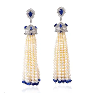 Natural Pearl Sapphire Beads Tassel Earrings in 18k White Gold