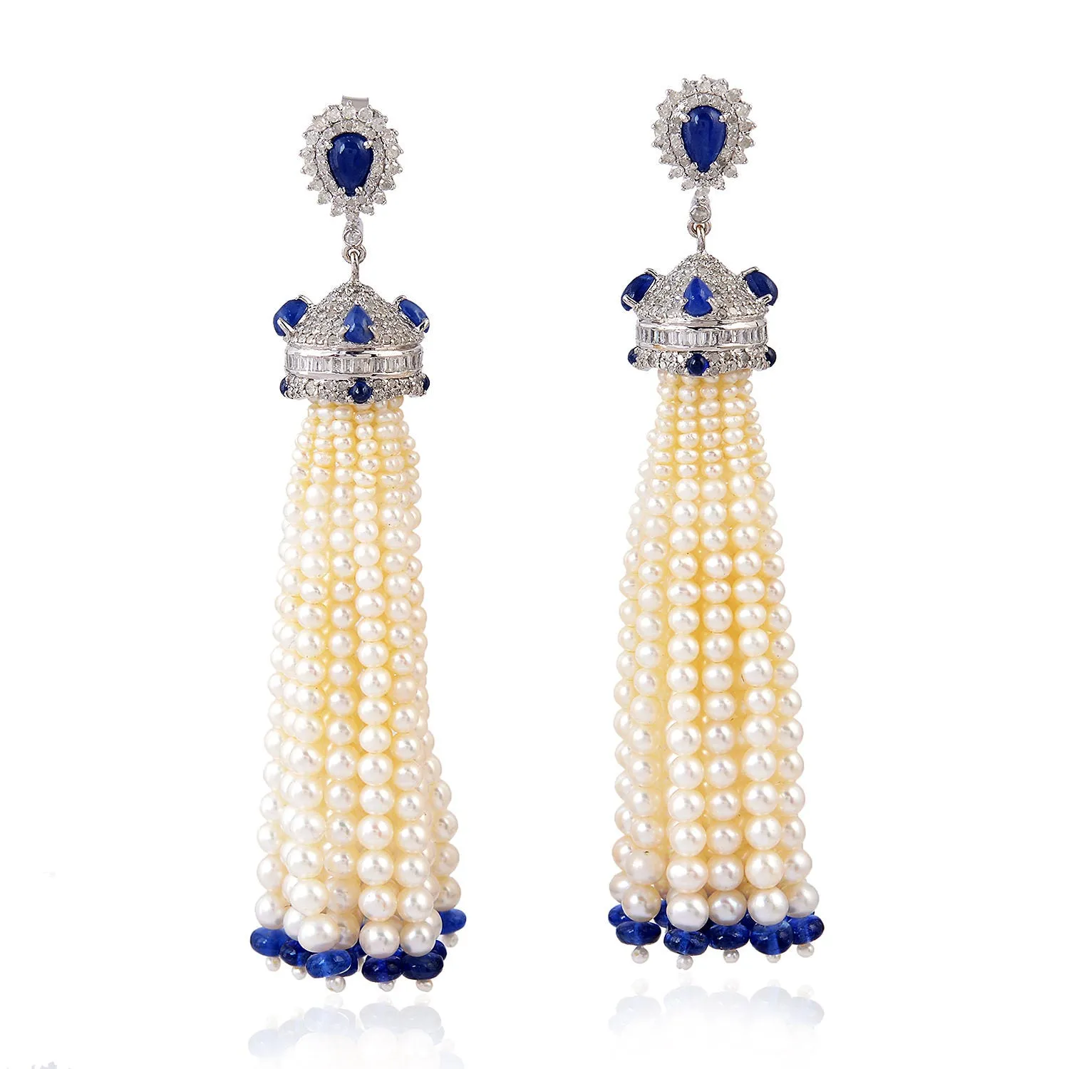 Natural Pearl Sapphire Beads Tassel Earrings in 18k White Gold