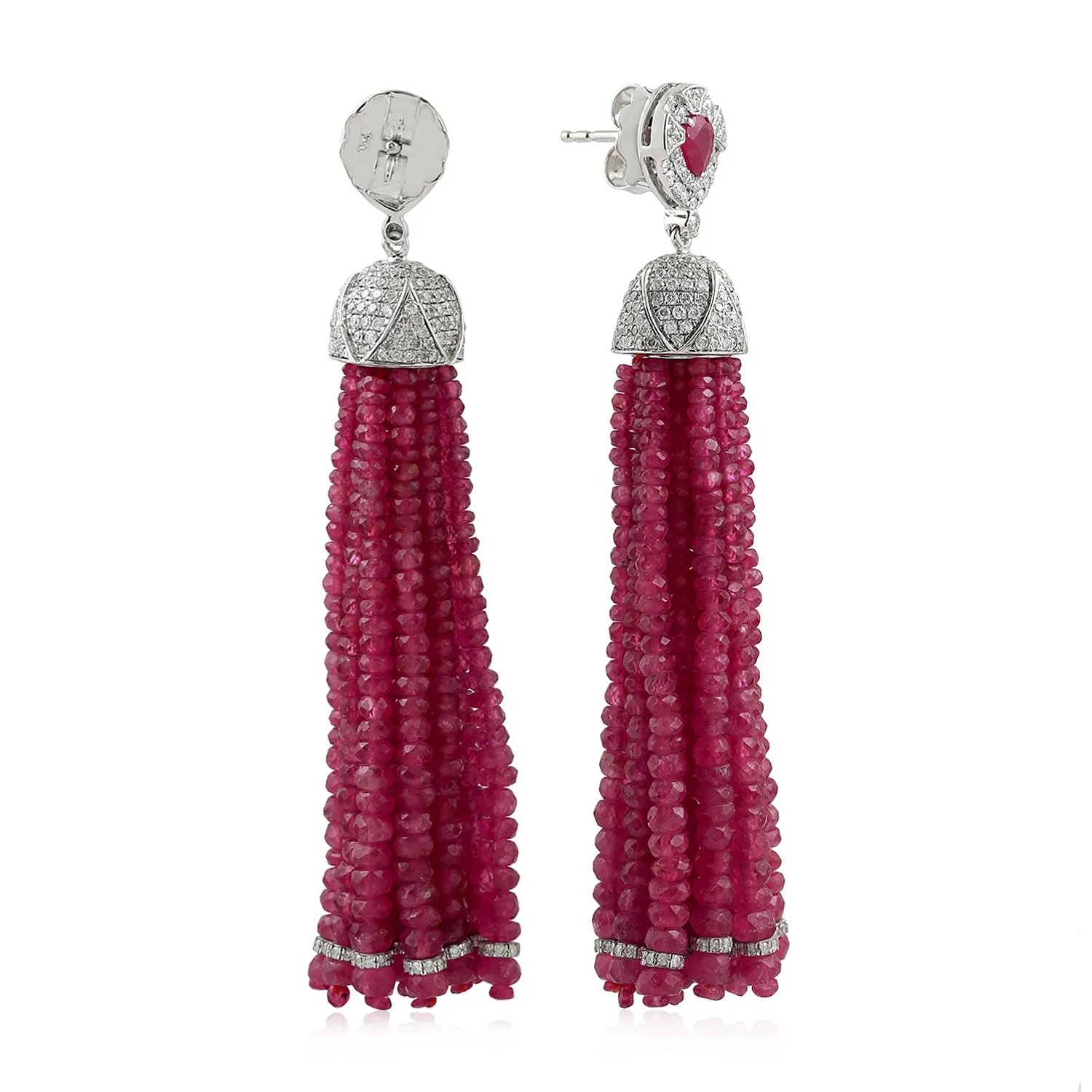 Natural Ruby Beads Tassel Earrings 18K White Gold Diamond Jewelry