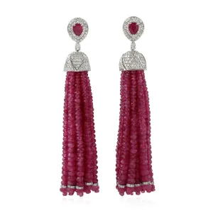 Natural Ruby Beads Tassel Earrings 18K White Gold Diamond Jewelry