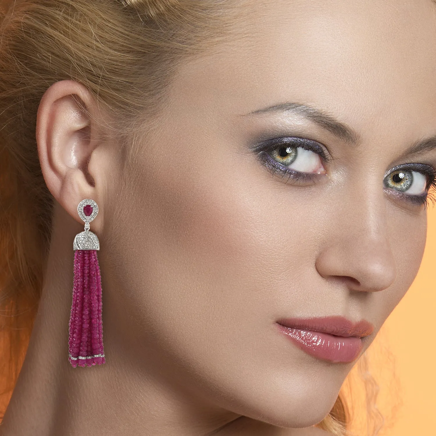 Natural Ruby Beads Tassel Earrings 18K White Gold Diamond Jewelry